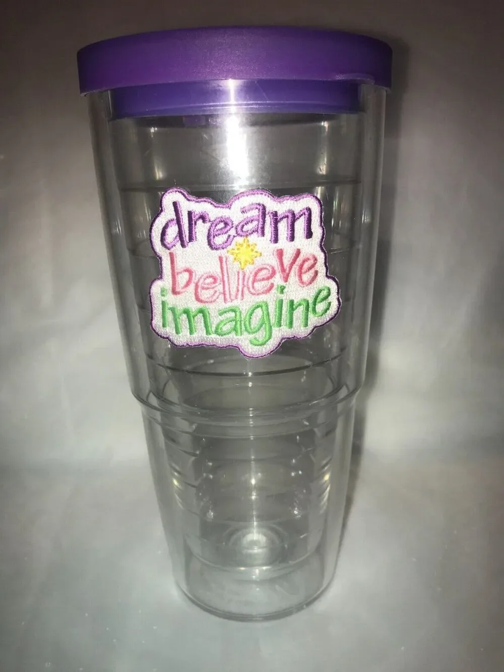 Tervis 24oz Tumbler w/Matching Purple Lid DREAM BELIEVE IMAGINE Emblem